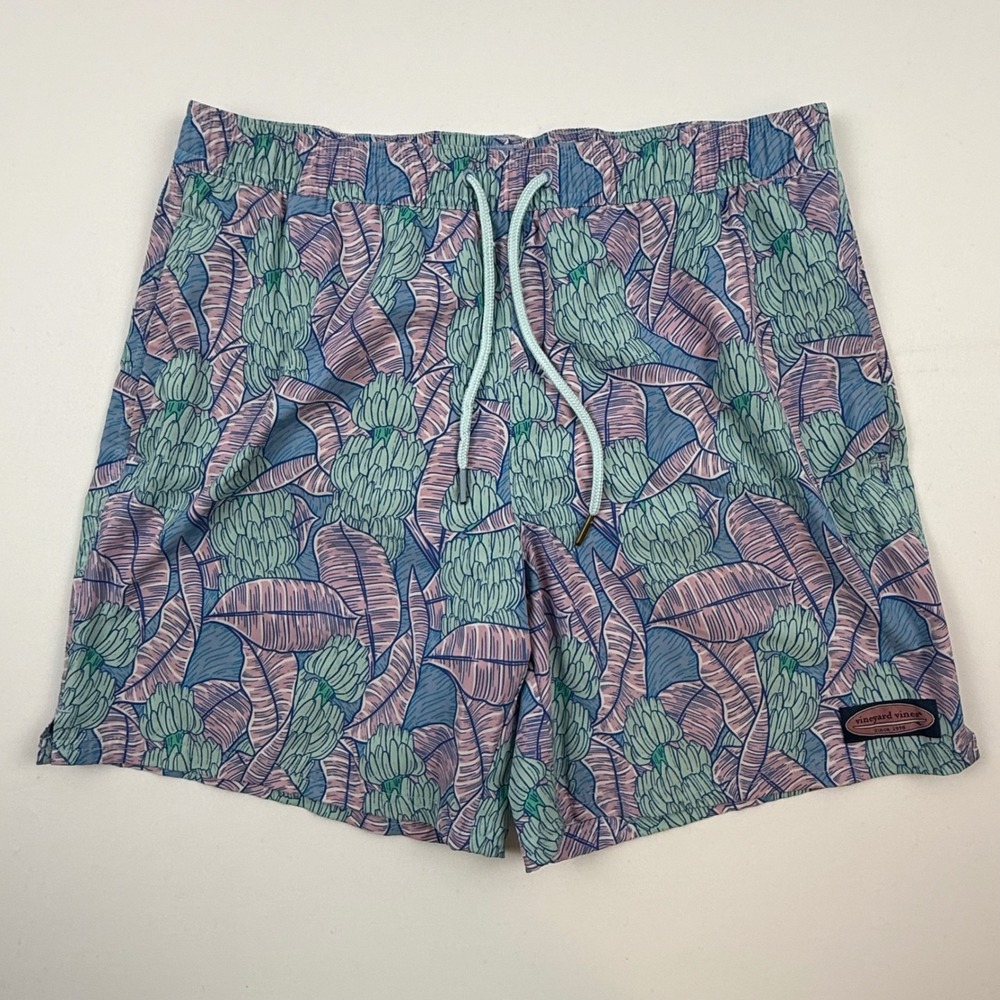 Vineyard Vines Mens Banana Leaf Tropical Swim Trunks Blue Pink 1M001124 Medium